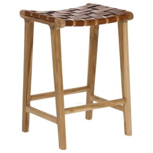 Hnědá kožená barová židle Kave Home Calixta 67 cm  - Šířka45 cm- Výška 67 cm