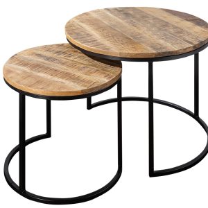 Moebel Living Set dvou odkládacích hnědých mangových stolků Riccardo 41/57 cm  - Výška38/45 cm- Průměr 41/57 cm