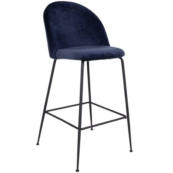 Nordic Living Modrá sametová barová židle Anneke s černou podnoží 76 cm  - Výška108 cm- Šířka 55 cm