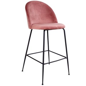 Nordic Living Růžová sametová barová židle Anneke s černou podnoží 76 cm  - Výška108 cm- Šířka 55 cm