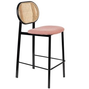 Růžová látková barová židle ZUIVER SPIKE 65 cm s ratanovým opěradlem  - Výška94 cm- Šířka 42
