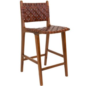 Nordic Living Hnědá kožená barová židle Molie s výpletem 101 cm  - Výška101 cm- Šířka 46 cm