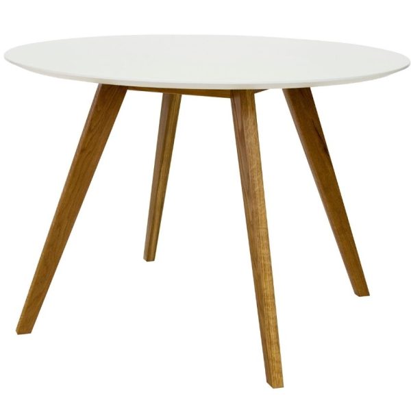 Matně bílý lakovaný dřevěný jídelní stůl Tenzo Bess 110 cm s dubovou podnoží  - Výška75 cm- Průměr 110 cm