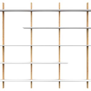 Bílý dřevěný nástěnný regál Tenzo Bridge s bukovými sloupky 190 x 224 cm  - Výška190 cm- Šířka 224 cm