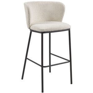 Bílá látková bouclé barová židle Kave Home Ciselia 75 cm  - Výška102 cm- Šířka 54 cm