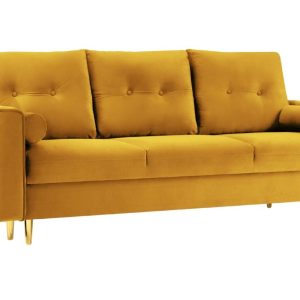 Hořčicově žlutá sametová trojmístná rozkládací pohovka MICADONI LEONA 222 cm se zlatou podnoží  - Výška92 cm- Šířka 222 cm