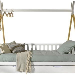 Borovicová postel Vipack Tipi 90 x 200 cm se zábranami a bílou zásuvkou  - Výška188