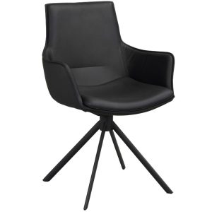 Černá kožená otočná jídelní židle ROWICO LOWELL s područkami  - Výška86 cm- Šířka 59 cm
