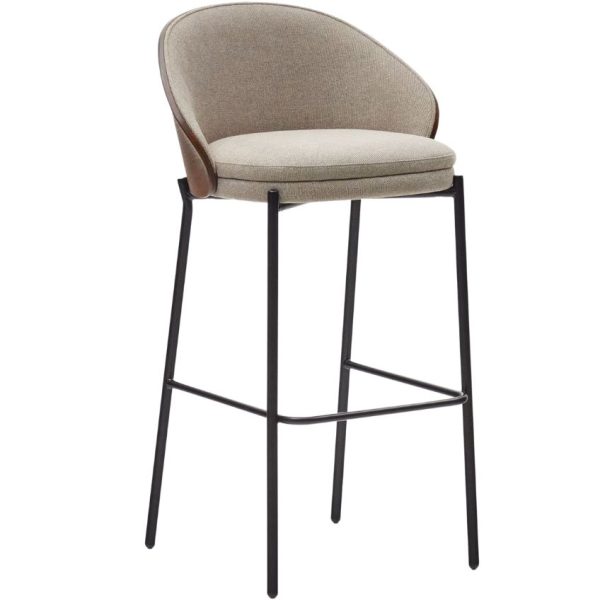 Béžová látková barová židle Kave Home Eamy s hnědým dřevěným opěradlem 77 cm  - Výška98 cm- Šířka 54 cm
