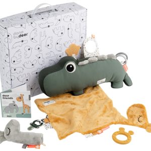 Barevný dětský dárkový box Done by Deer Play time  - Rozměry muchláčku30 x 30 cm- Rozměry krokodýla 18 x 41 x 10 cm
