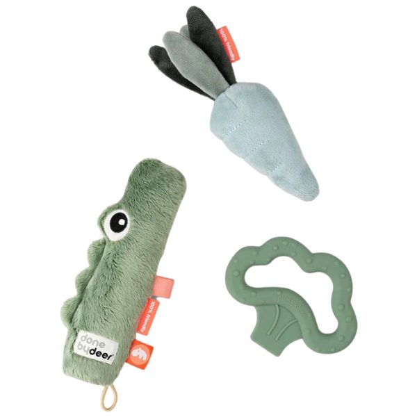 Sada zelených látkových senzorických hraček Done by Deer Tiny Croco  - Rozměry Croca15 x 6 x 3
