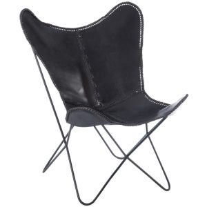 Černé kožené lounge křeslo J-line Leate  - Výška90 cm- Šířka 92 cm