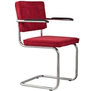 Červená manšestrová jídelní židle ZUIVER RIDGE RIB s područkami  - Šířka60 cm- Hloubka 48 cm