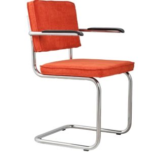 Oranžová manšestrová jídelní židle ZUIVER RIDGE RIB s područkami  - Šířka60 cm- Hloubka 48 cm