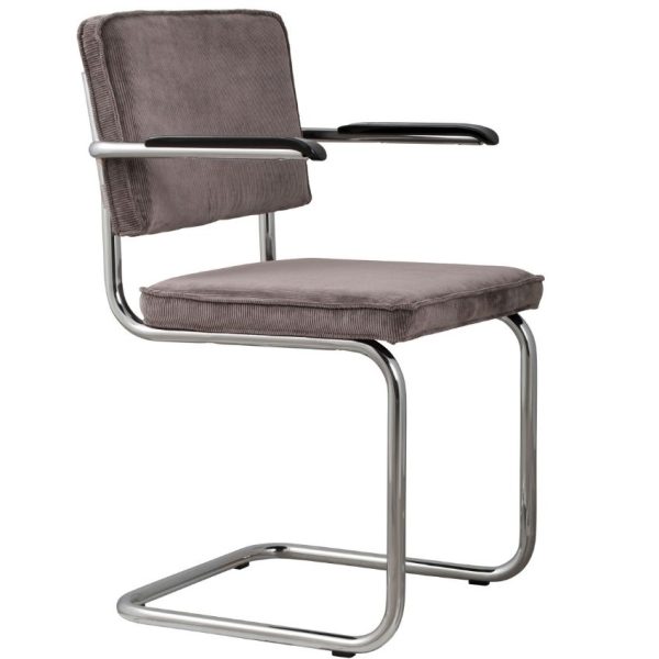 Šedá manšestrová jídelní židle ZUIVER RIDGE RIB s područkami  - Šířka60 cm- Hloubka 48 cm