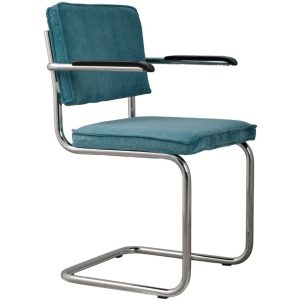 Modrá manšestrová jídelní židle ZUIVER RIDGE RIB s područkami  - Šířka60 cm- Hloubka 48 cm