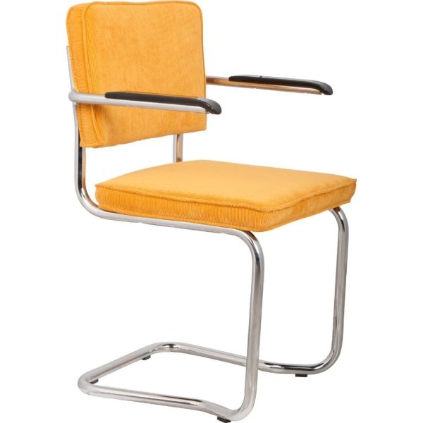 Žlutá manšestrová jídelní židle ZUIVER RIDGE KINK RIB s područkami  - Šířka60 cm- Hloubka 48 cm