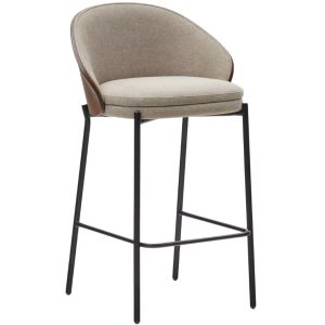 Béžová látková barová židle Kave Home Eamy s hnědým dřevěným opěradlem 65 cm  - Výška86 cm- Šířka 54 cm