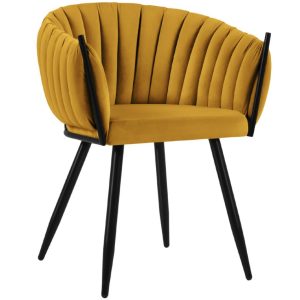 Žlutá sametová jídelní židle MICADONI Levin  - Výška79 cm- Šířka 53 cm
