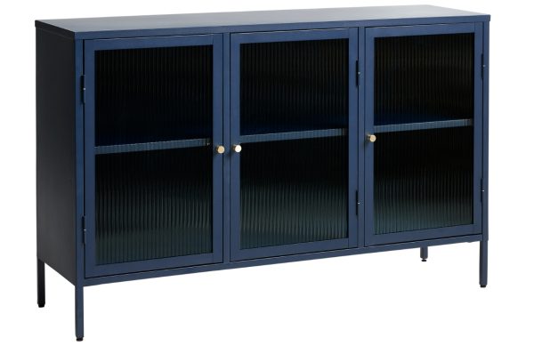 Modrá kovová vitrína Unique Furniture Bronco 85 x 132 cm  - Výška85 cm- Šířka 132 cm