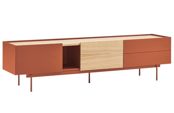 Cihlově červený dubový TV stolek Teulat Otto 180 x 40 cm  - Výška45 cm- Šířka 180 cm