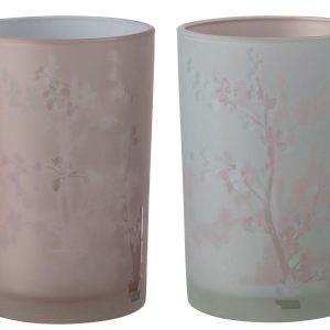 2ks růžový a modrý skleněný svícen na čajovou svíčku Sakura - Ø 12*17cm J-Line by Jolipa  - -
