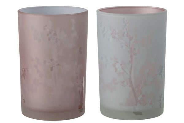 2ks růžový a modrý skleněný svícen na čajovou svíčku Sakura - Ø 12*17cm J-Line by Jolipa  - -