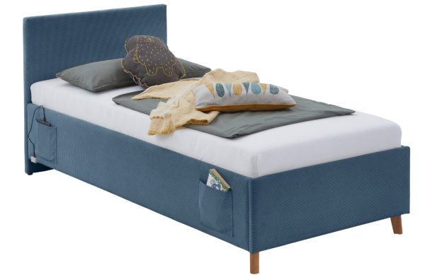 Modrá manšestrová postel Meise Möbel Cool 140 x 200 cm s úložným prostorem  - Výška90 cm- Šířka 150 cm