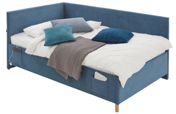 Modrá manšestrová postel Meise Möbel Cool II. 140 x 200 cm s úložným prostorem  - Výška90 cm- Šířka 150 cm