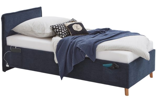 Modrá čalouněná postel Meise Möbel Fun 120 x 200 cm s úložným prostorem  - Výška90 cm- Šířka 133 cm