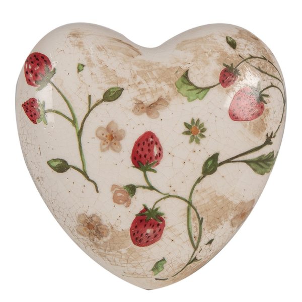 Béžová antik dekorace srdce s jahůdkami Wild Strawberries - 11*11*4 cm Clayre & Eef  - -