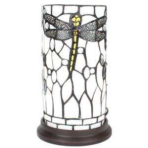 Bílá válcovitá stolní lampa Tiffany s vážkou DragonFly - Ø 15*26 cm E14/max 1*40W Clayre & Eef  - -