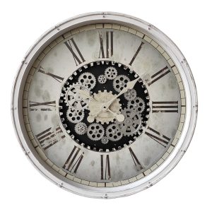 Bílé antik nástěnné hodiny s ozubenými kolečky Westminster - Ø 76*8 cm / 3*AA Clayre & Eef  - -