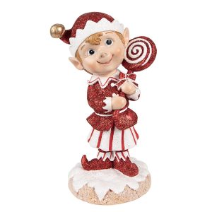 Bílo-červená vánoční dekorace Elf s lízátkem - 12*9*20 cm Clayre & Eef  - -
