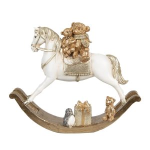 Bílo-zlatá dekorace houpací koník s medvídky - 18*4*15 cm Clayre & Eef  - -