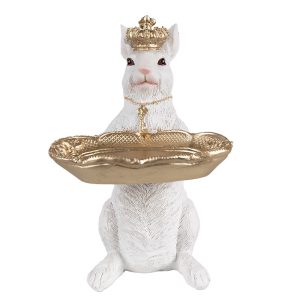 Bílo-zlatá dekorace králík s korunkou a podnosem - 16*13*22 cm Clayre & Eef  - -