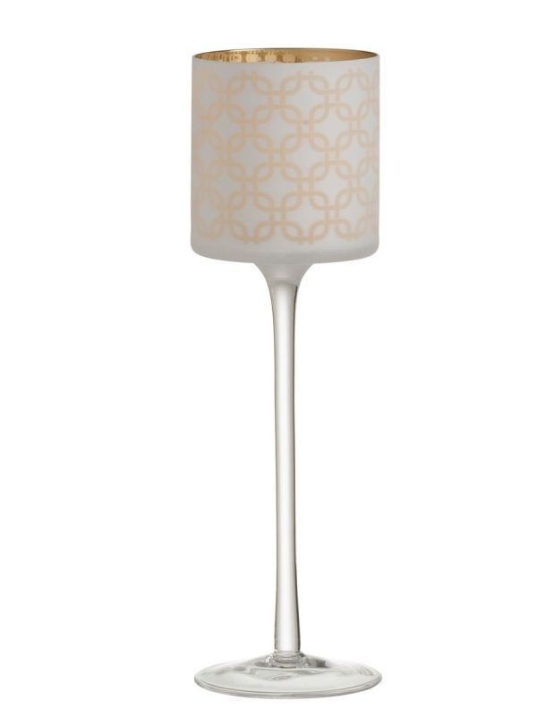 Bílo-zlatý matný skleněný svícen na úzké noze na čajovou svíčku  - Ø 9*30 cm J-Line by Jolipa  - -