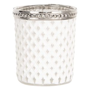 Bílý skleněný svícen na čajovou svíčku s kovovým zdobením - Ø  6*7 cm Clayre & Eef  - -