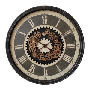 Černé antik nástěnné hodiny s ozubenými kolečky - Ø 76*8 cm / 3*AA Clayre & Eef  - -