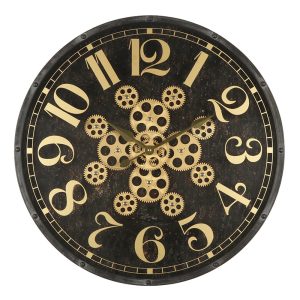 Černo-zlaté nástěnné hodiny s ozubenými kolečky - Ø 60*7 cm / 1*AA / 1*C Clayre & Eef  - -