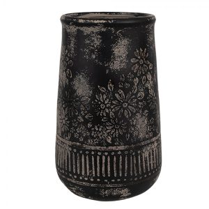 Černo-šedá keramická váza s květy - Ø 15*23 cm  Clayre & Eef  - -