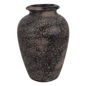 Černo-šedá keramická váza s květy - Ø 18*26 cm  Clayre & Eef  - -