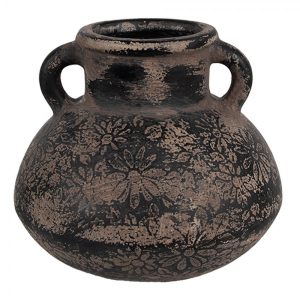 Černo-šedý keramický obal na květináč/ váza s uchy a květy - Ø 15*13 cm  Clayre & Eef  - -