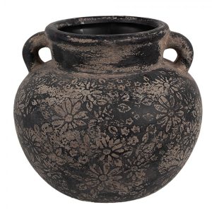 Černo-šedý keramický obal na květináč/ váza s uchy a květy - Ø 16*14 cm  Clayre & Eef  - -