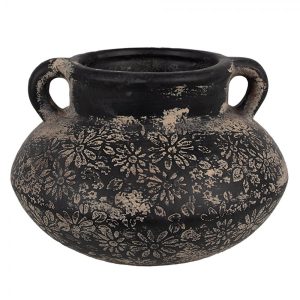 Černo-šedý keramický obal na květináč/ váza s uchy a květy - Ø 21*13 cm  Clayre & Eef  - -