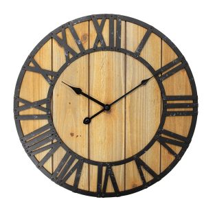 Černohnědé antik nástěnné hodiny s dřevěnými prkny - Ø 46*5 cm / 1*AA Clayre & Eef  - -