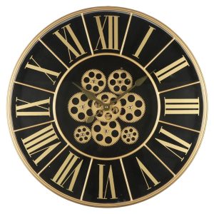 Černozlaté nástěnné hodiny s ozubenými kolečky - Ø 60*8 cm / 3*AA Clayre & Eef  - -
