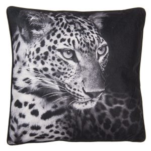 Černý polštář s hlavou leoparda - 45*45 cm Clayre & Eef  - -