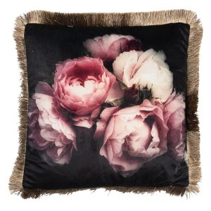 Černý polštář s růžemi a třásněmi - 45*45 cm Clayre & Eef  - -