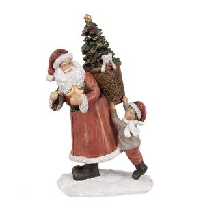 Červená vánoční dekorace Santa se stromkem v nůši a chlapcem - 17*13*27 cm Clayre & Eef  - -